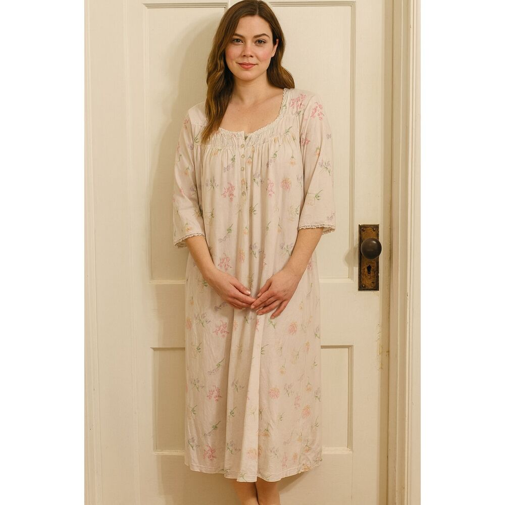 Lanz of Salzburg White Floral Midi Pajama Sleep Night Dress  Women's Size Medium
